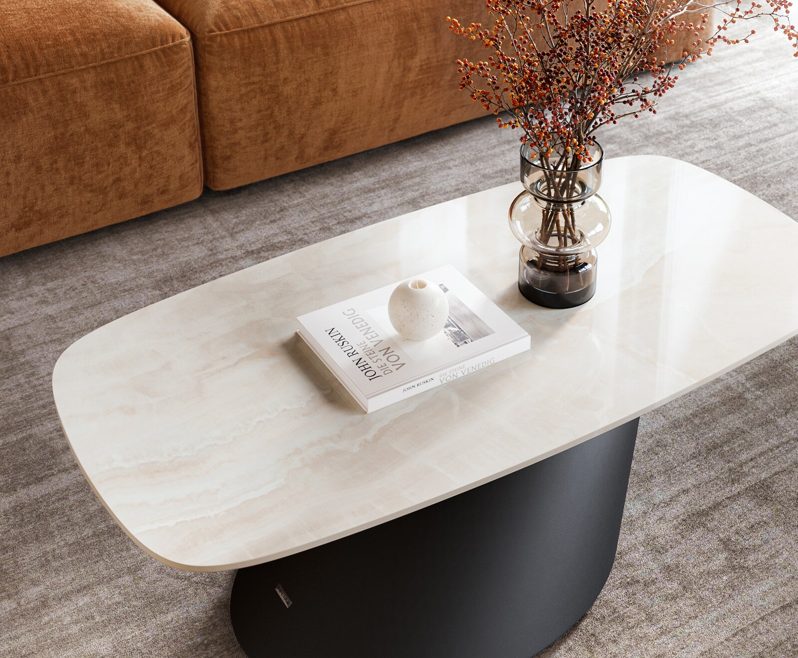 Table basse Edge forme bateau 100x50 cm céramique Onyx Champagne Conis métal noir 4