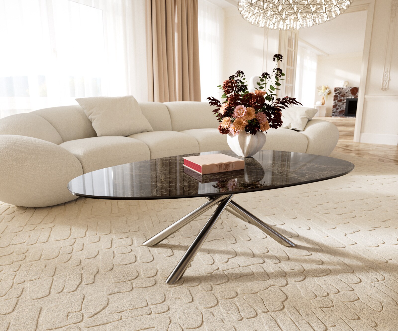 Table basse Edge Oval 140x75 cm céramique Laminam® Emperador Extra Lucidato brun foncé Sarity acier inoxydable brossé