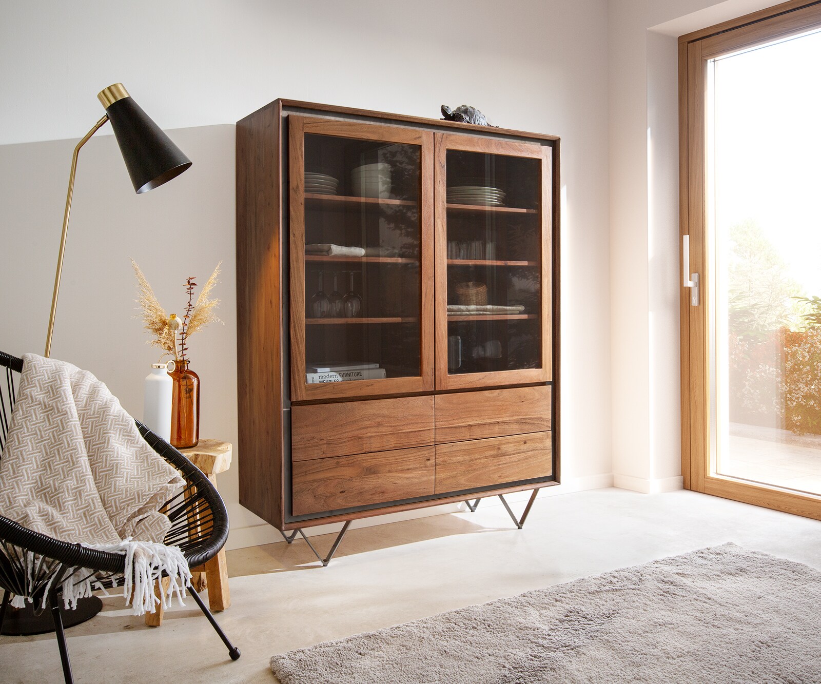 Buffet-Haut Stonegrace 120x150 cm acacia marron plaqué pierre 2 portes 4 tiroirs pied en V noir 11