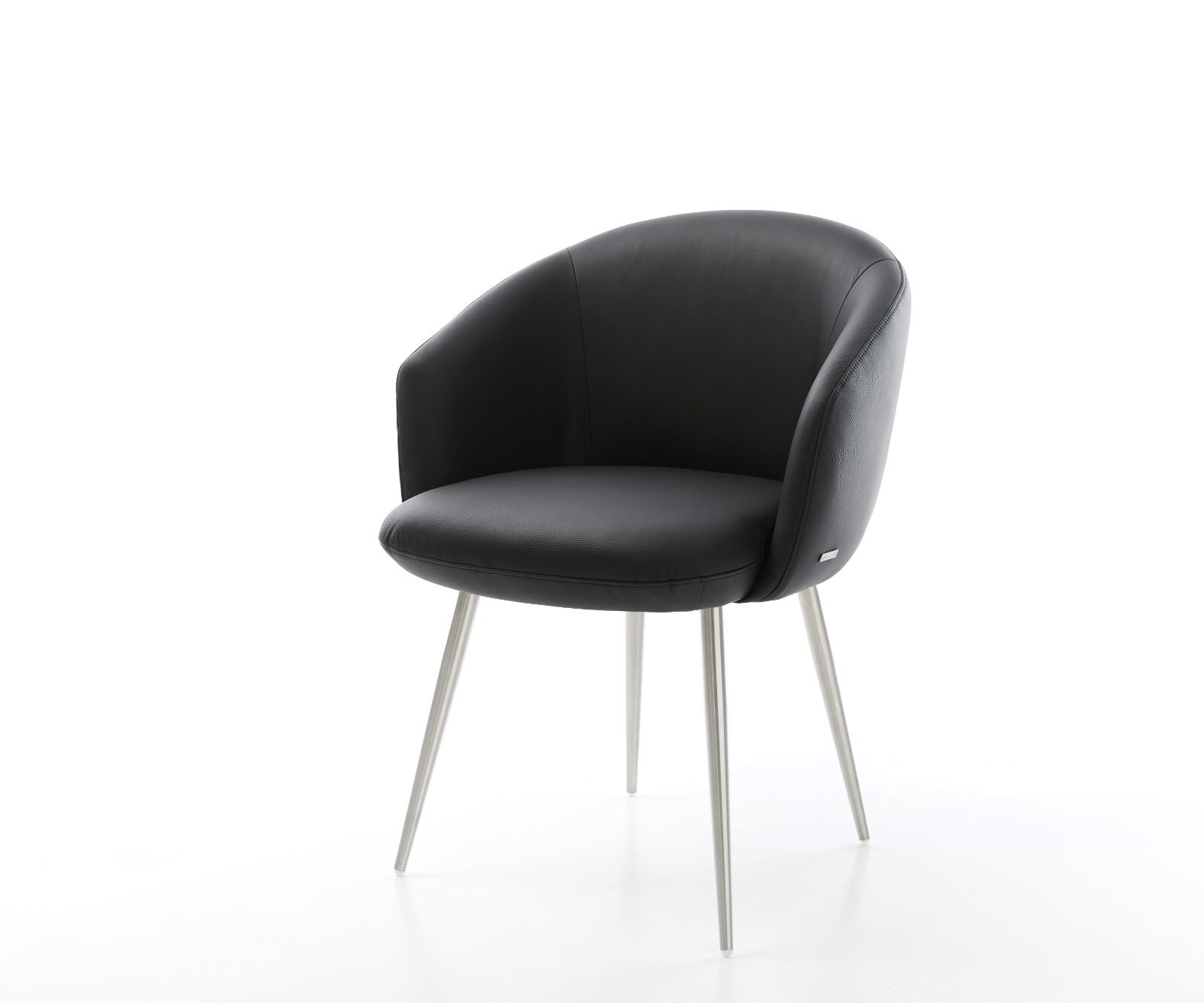 Chaise-de-salle-à-manger Caja-Flex avec accoudoirs cuir de vache noir 4 pieds coniques acier inoxydable brossé ressorts ensachés