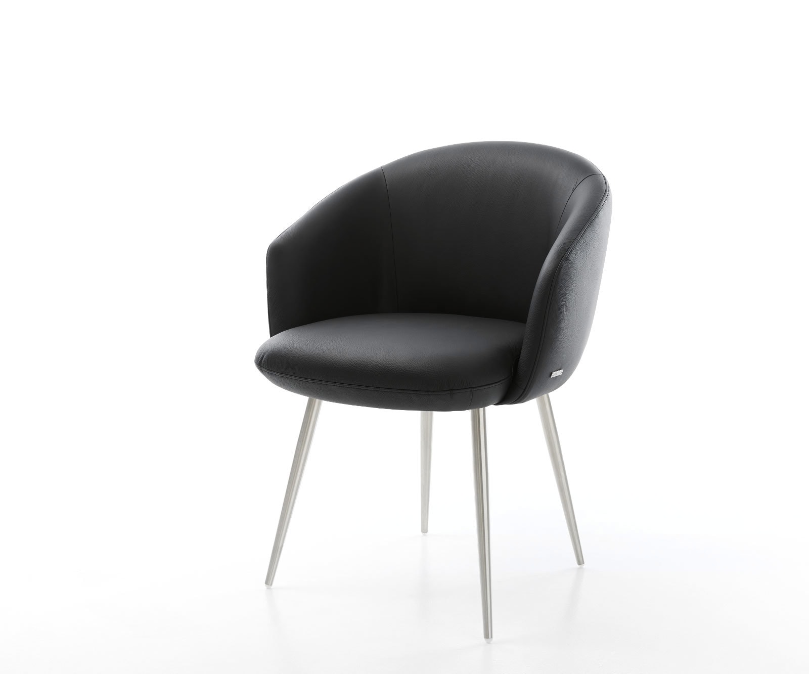 Chaise-de-salle-à-manger Caja-Flex avec accoudoirs cuir de vache noir 4 pieds coniques acier inoxydable brossé ressorts ensachés 1