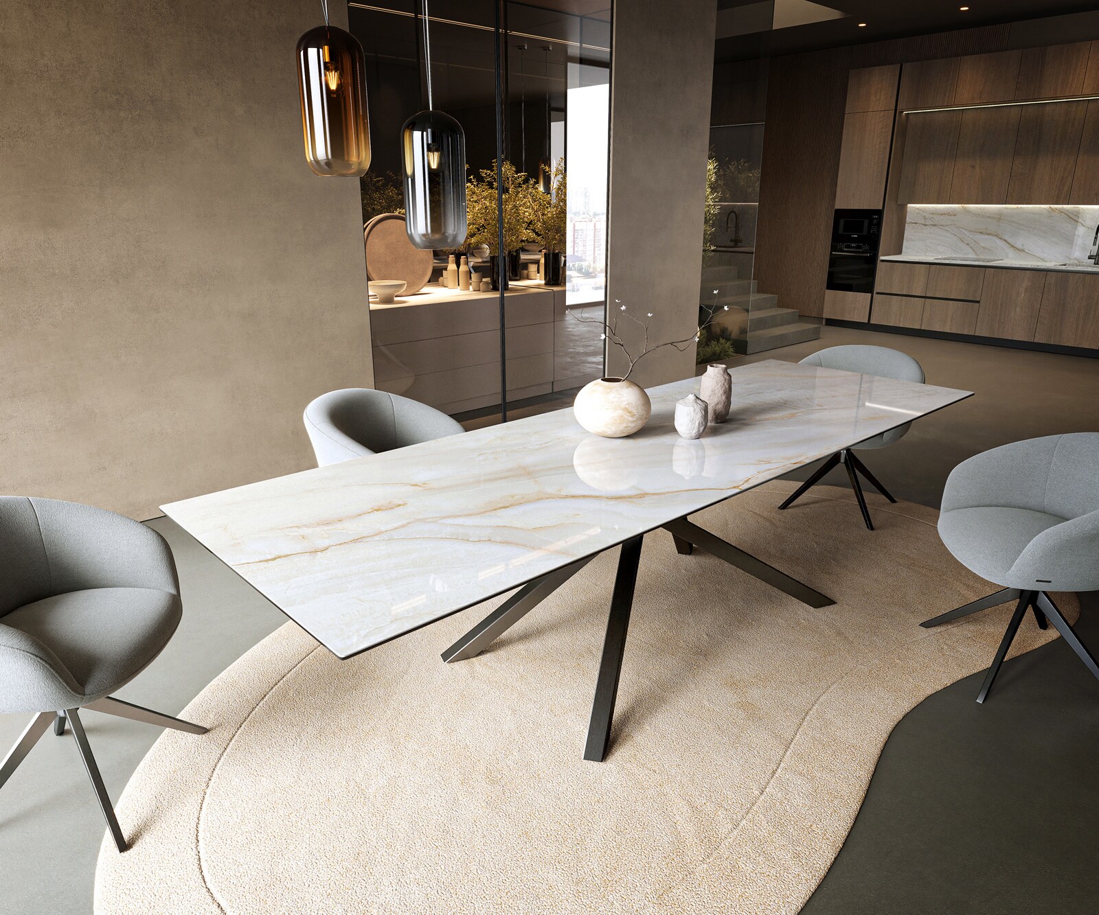 Table à manger Edge 300x100 cm céramique Onyx Pearl piètement croisé rectangulaire inox graphite 1