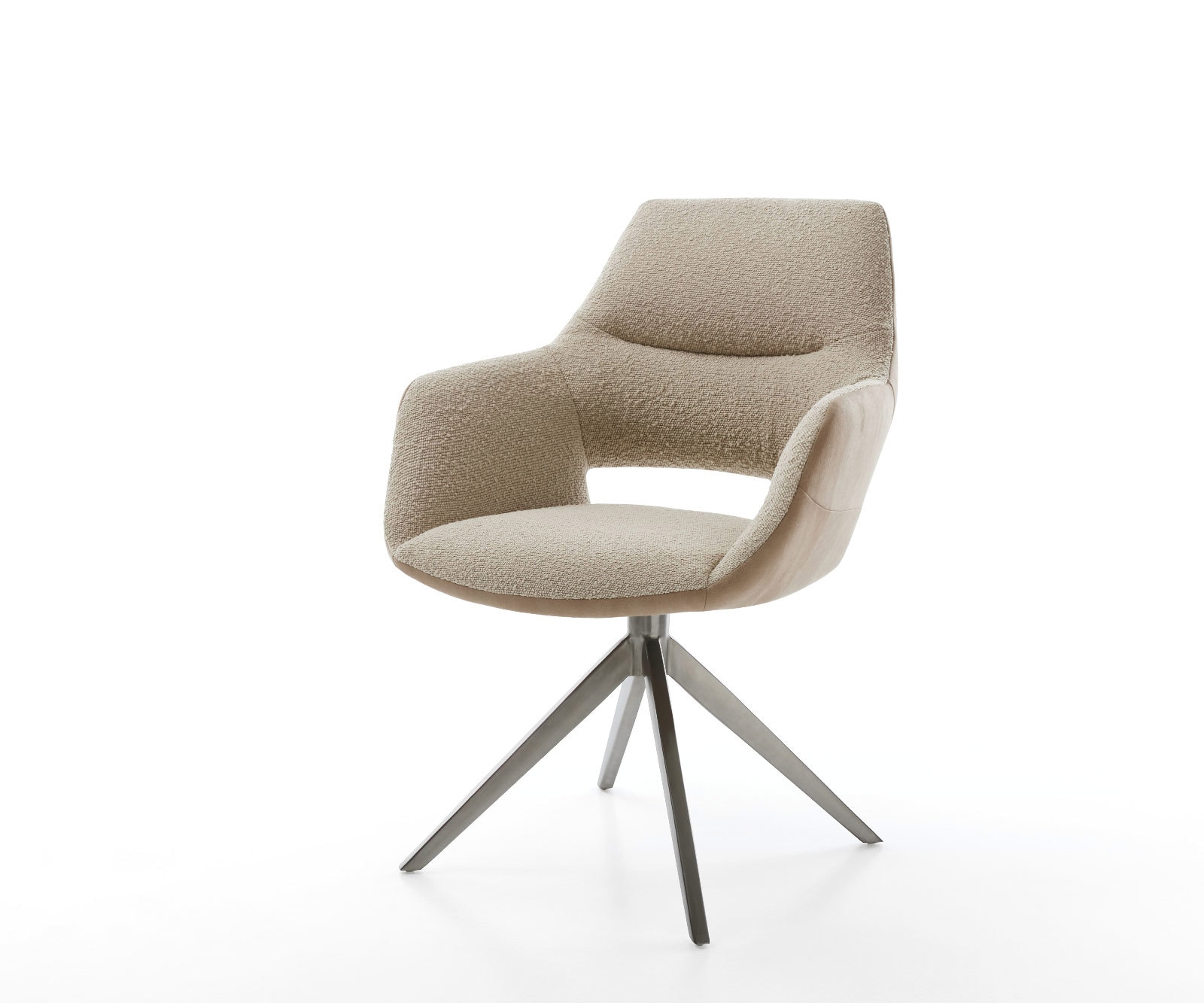 Chaise-pivotante Yago-Flex avec accoudoirs tissu mixte couleur boue pied croisé large acier inoxydable brossé pivotement sur 360° fonction bascule ressorts ensachés Chaise-pivotante Yago-Flex avec accoudoirs tissu mixte couleur boue pied croisé large acier inoxydable brossé pivotement sur 360° fonction bascule ressorts ensachés