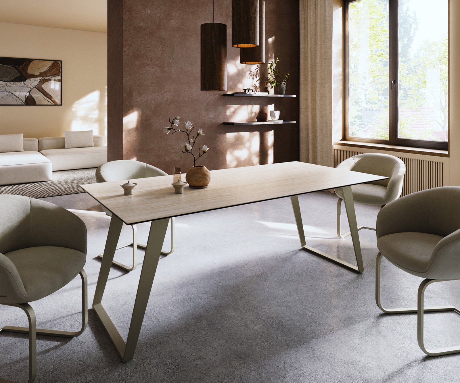 Table à manger Edge 200x100 céramique Laminam® Travertino Bianco crème-blanc métal incliné effet finition titanee 2