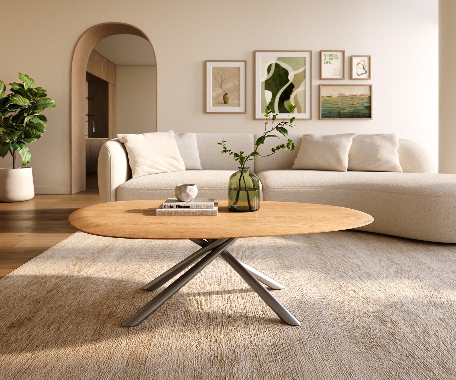 Table basse Edge Oval 140x75 cm chêne naturel bord arrondi Sarity acier inoxydable brossé 1