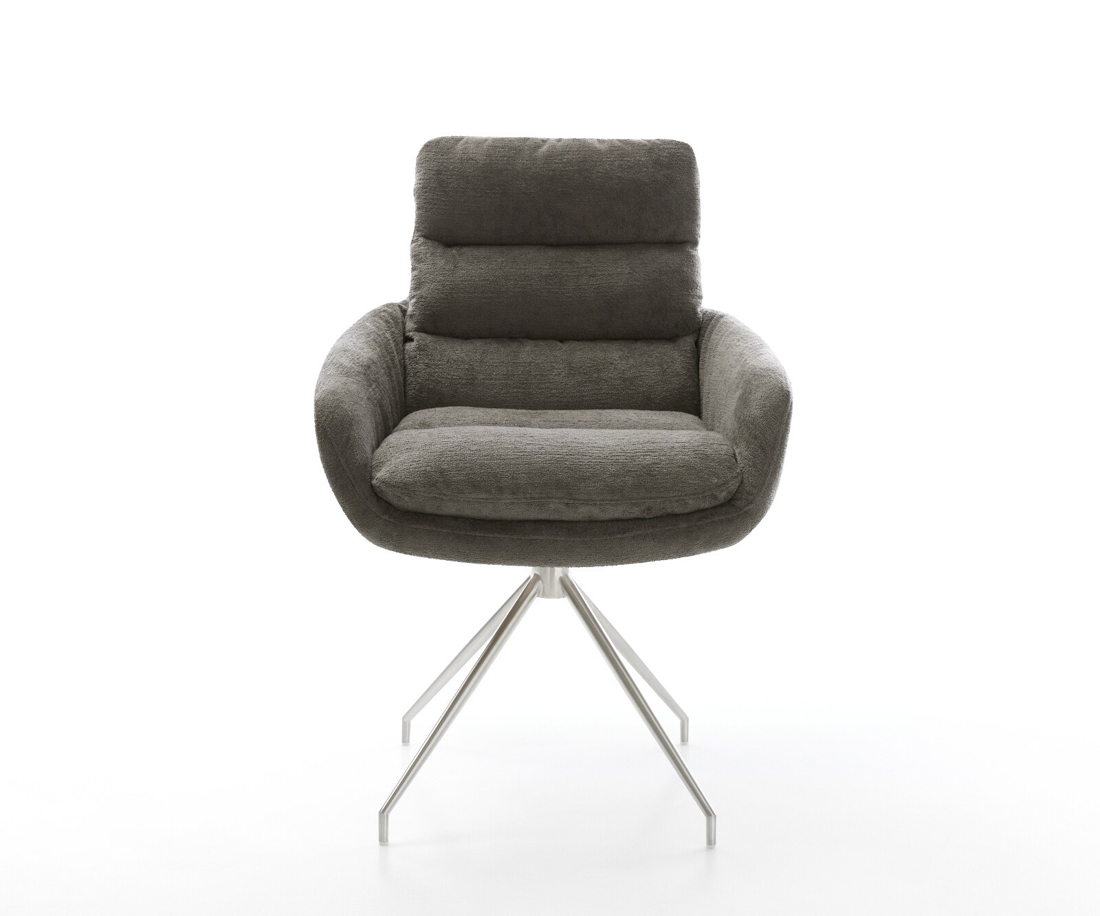 Chaise-de-salle-à-manger Abelia-Flex avec accoudoirs bouclé doux couleur boue pied croisé conique acier inoxydable 1