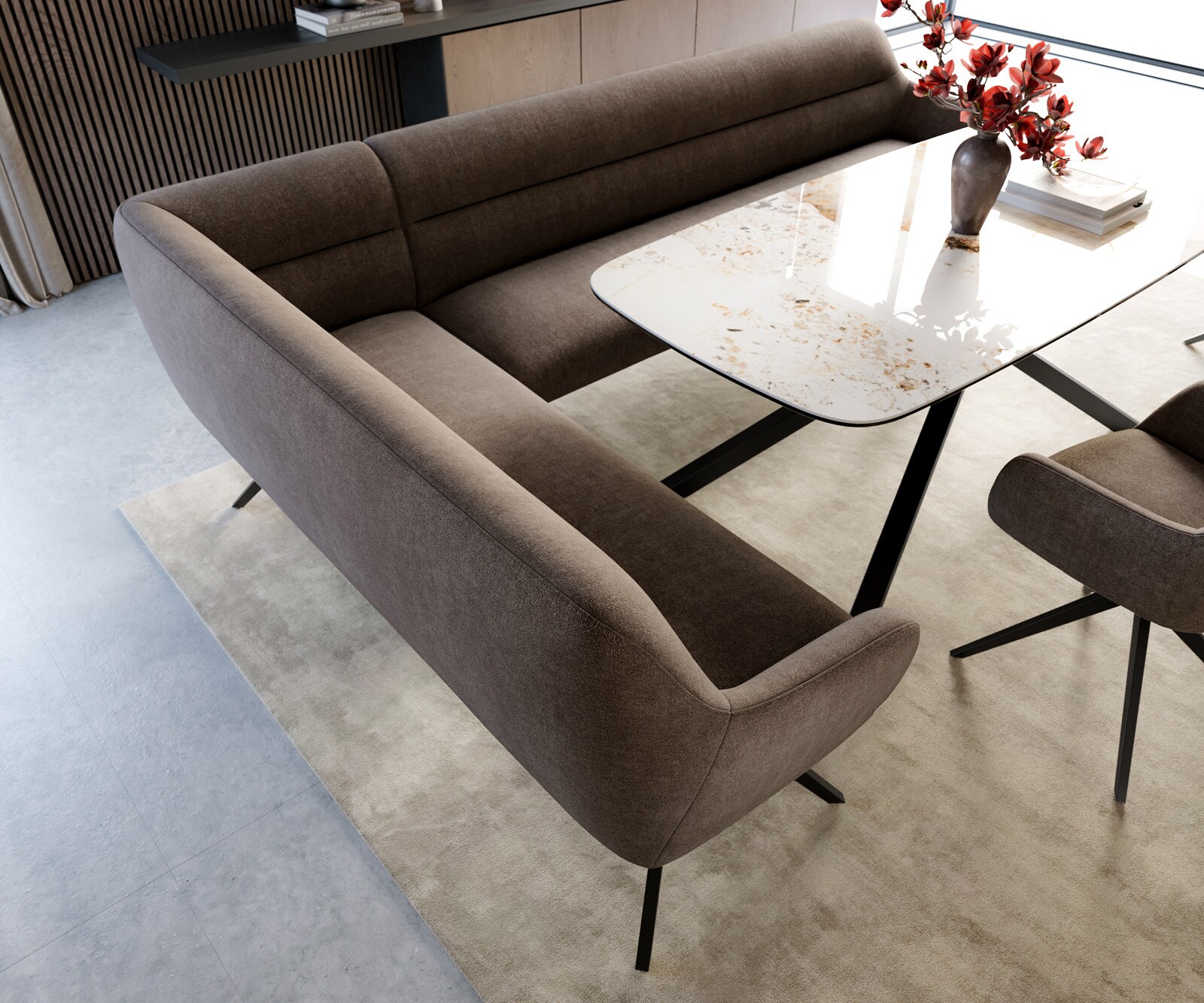 Banc-de-salle-à-manger Taya-Flex 285x190 cm tissu structuré doux taupe pied croisé angulaire noir ressort ensaché à droite 3