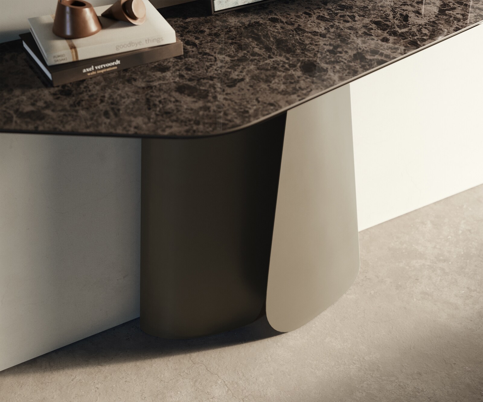 Console Edge Polygonal 140x50 cm Céramique Emperador Extra Lucidato Dunkelbraun Livos Métal Effektfinish Titan 5