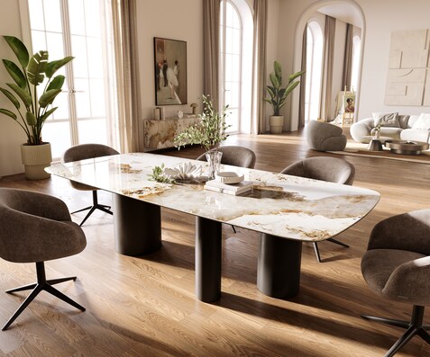 Table à manger Edge Boot 260x120 cm Céramique Minas Melange Blanc-Beige Troa Métal Noir