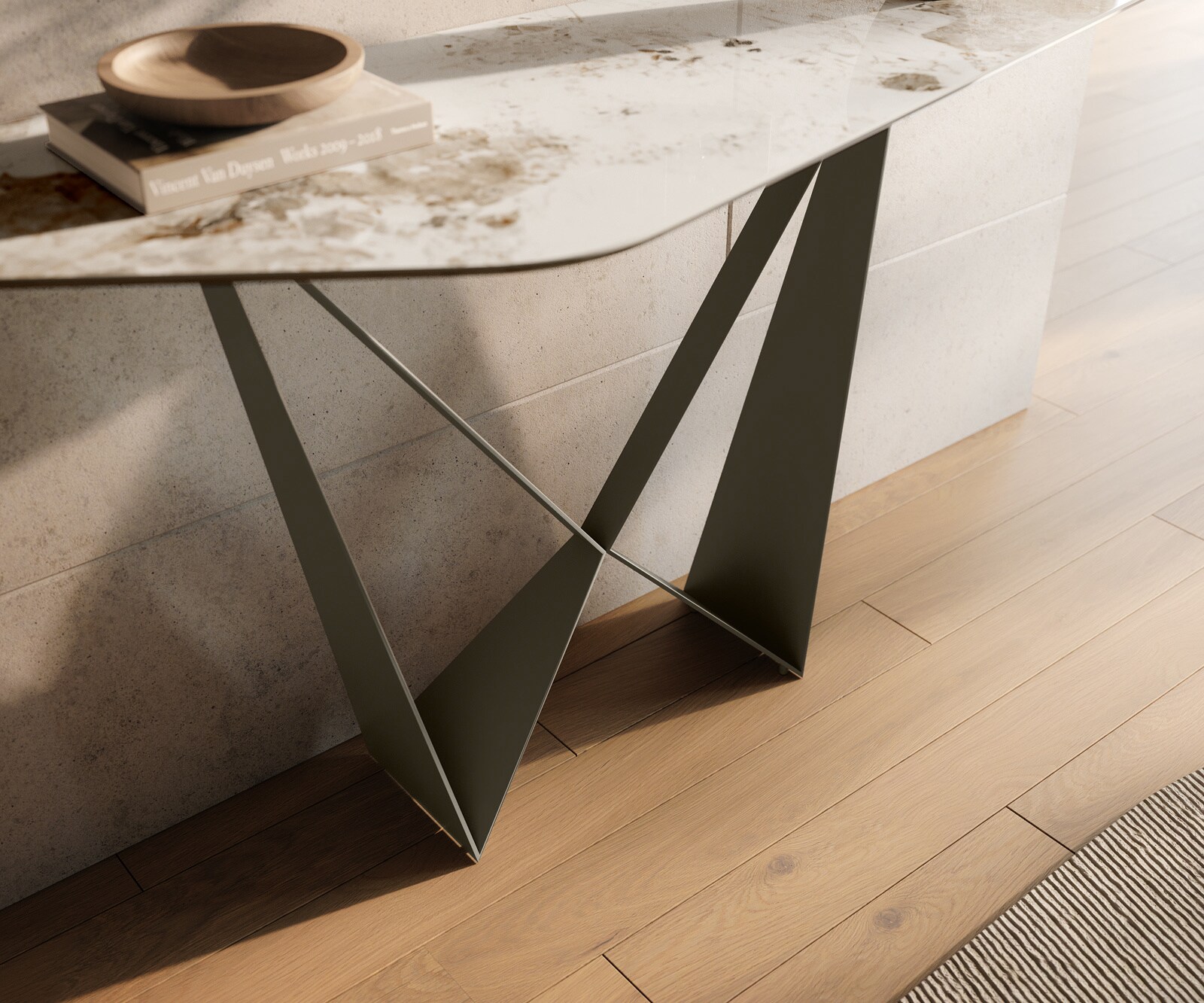 Console Edge Polygonal 140x50 cm Céramique Minas Melange Weiß-Beige Spios Métal Effektfinish Titan 6