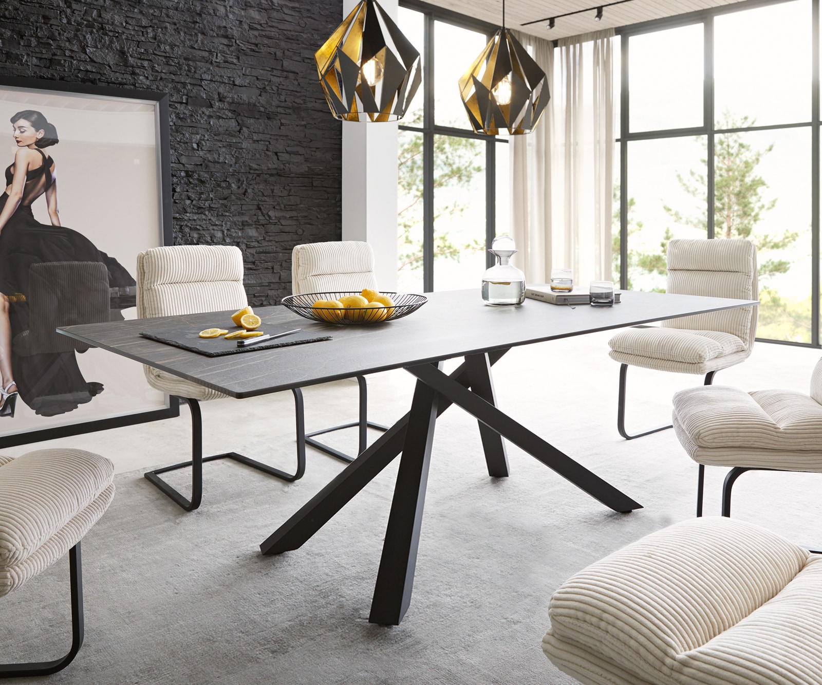 Table-à-manger Edge 200x100cm Laminam® céramique marron pieds milieu croisé noir Table-à-manger Edge 200x100cm Laminam® céramique marron pieds milieu croisé noir