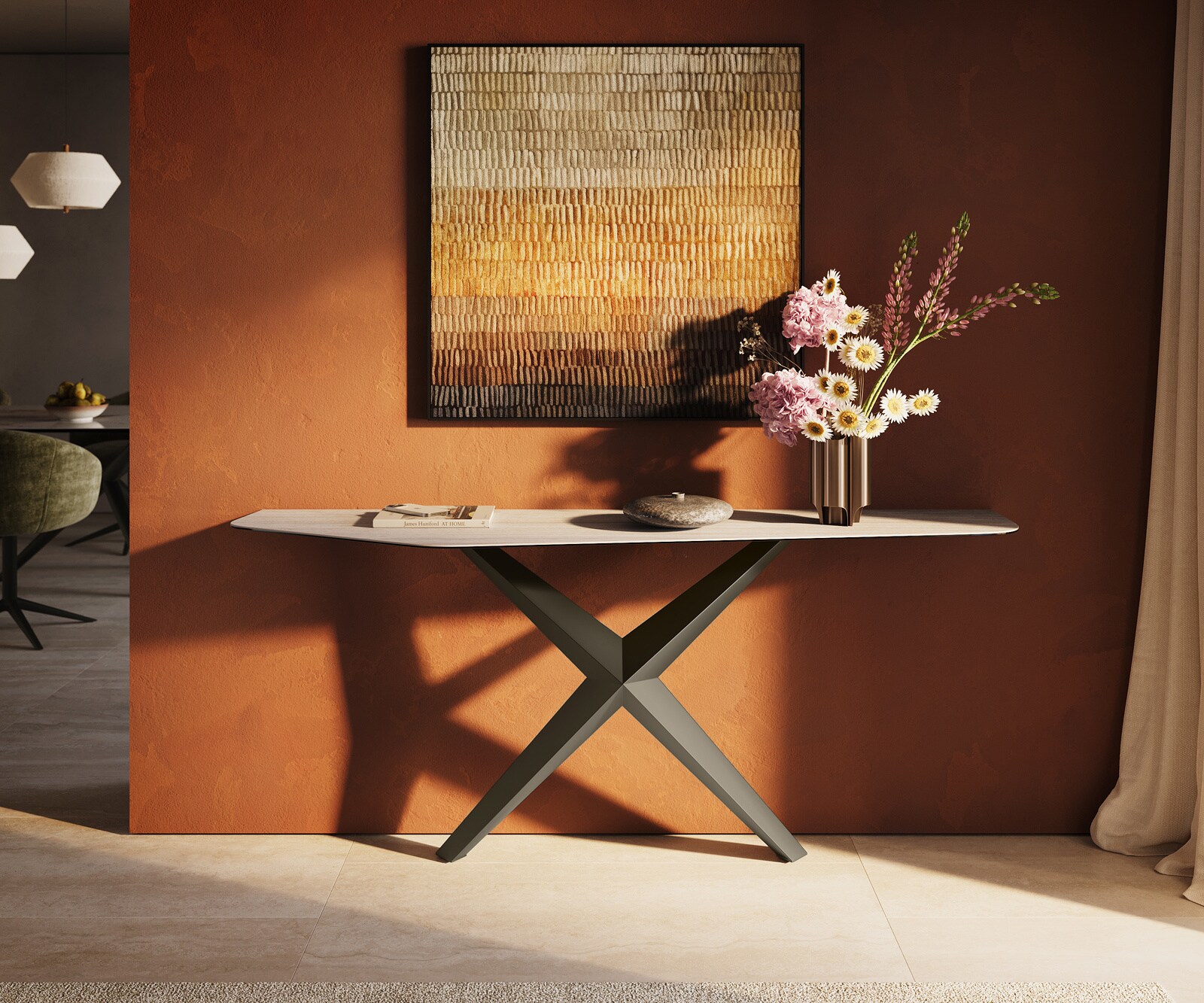 Console Edge Polygonal 180x50 cm Céramique Laminam® Travertino Bianco Creme-Weiß Zentharo Métal Effektfinish Titan