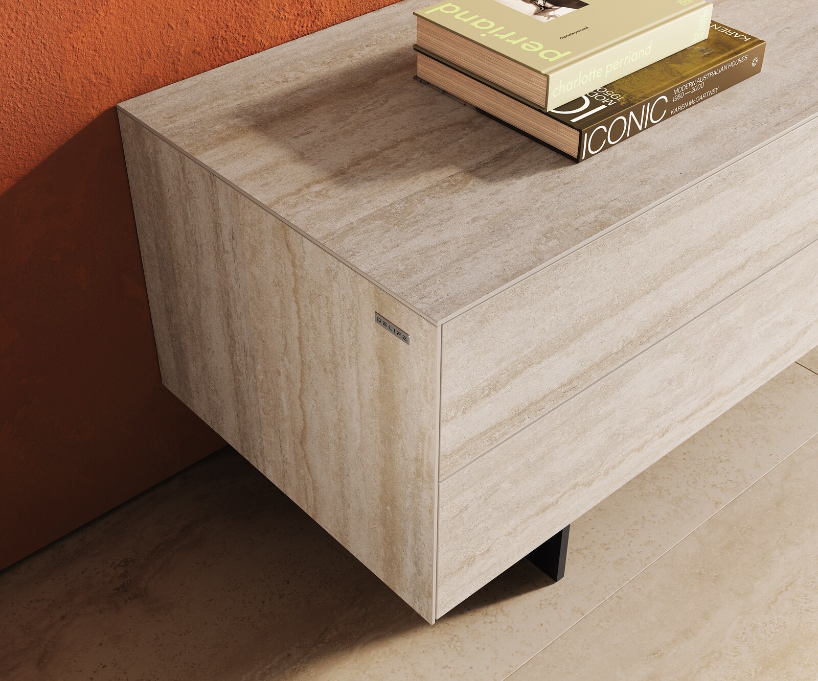 Meuble-TV Cuor 180 cm Céramique Laminam® Travertino Bianco Crème-blanc 1 Clapet 2 Tiroirs Pied optique flottant Métal Noir 6