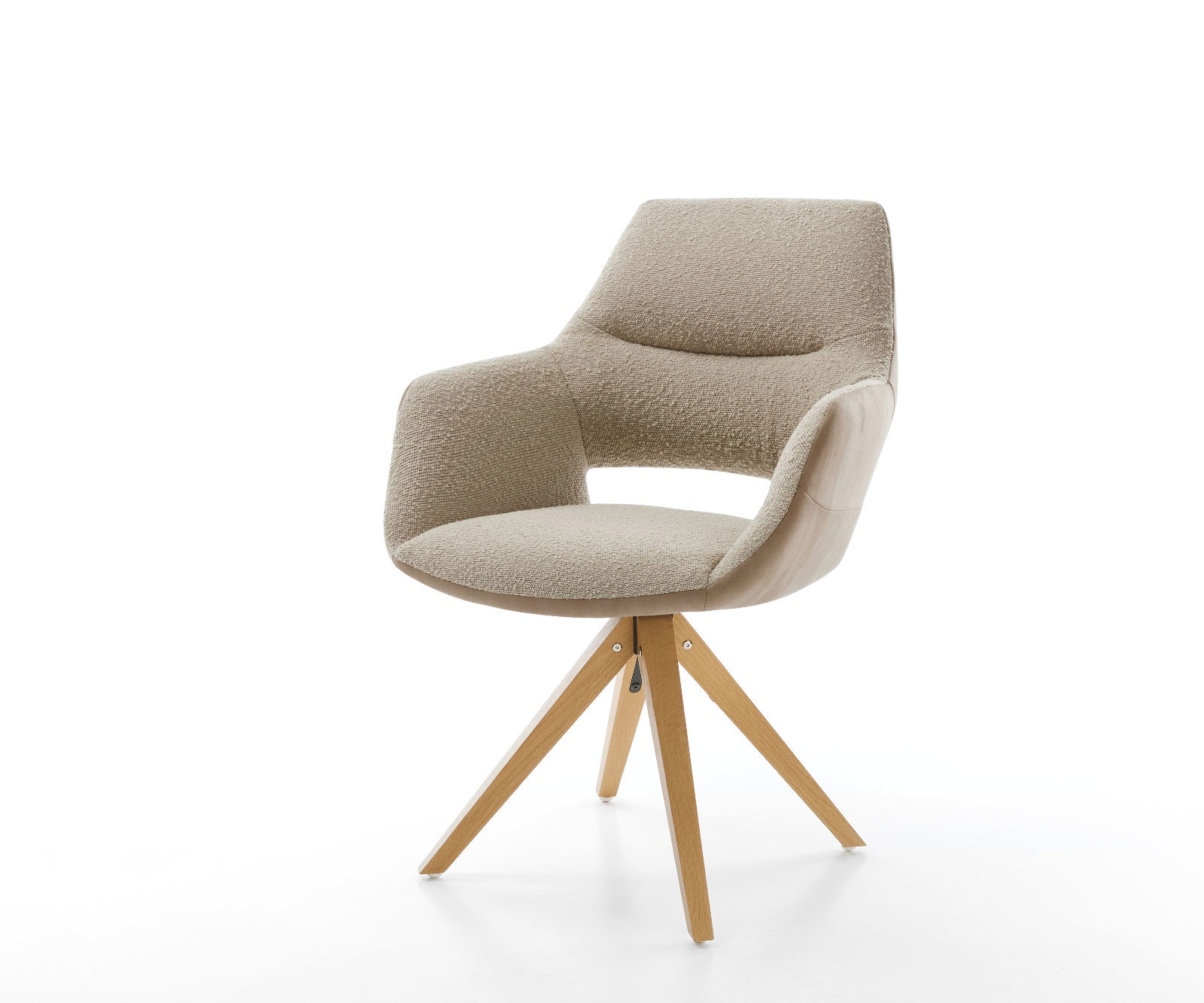 Chaise-pivotante Yago-Flex avec accoudoirs tissu mixte couleur boue pied en bois angulaire blanc pivotement sur 180° ressorts ensachés Chaise-pivotante Yago-Flex avec accoudoirs tissu mixte couleur boue pied en bois angulaire blanc pivotement sur 180° ressorts ensachés