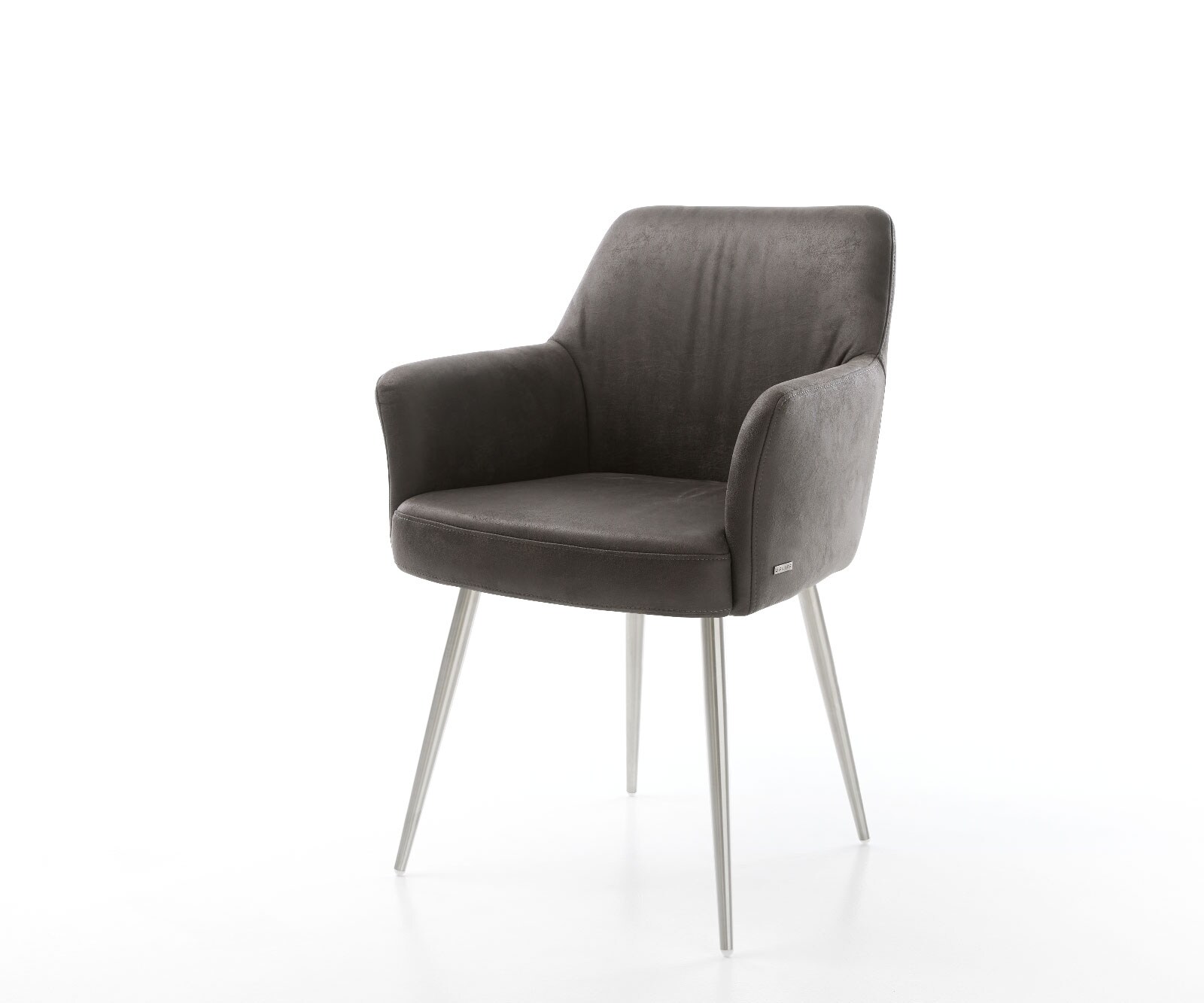 Chaise-de-salle-à-manger Xana-Flex avec accoudoirs microvelours anthracite vintage 4 pieds coniques acier inoxydable brossé ressorts ensachés