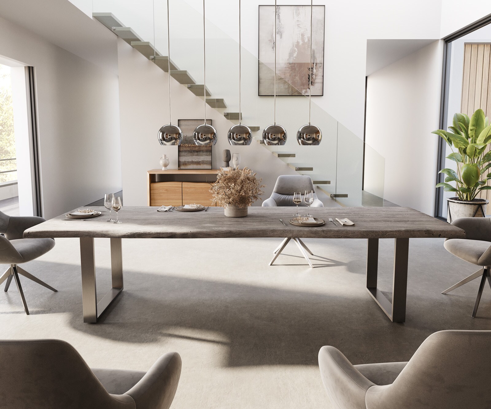 Table-à-manger Edge 300x100 XL acacia platine acier inoxydable mince Live-Edge 1