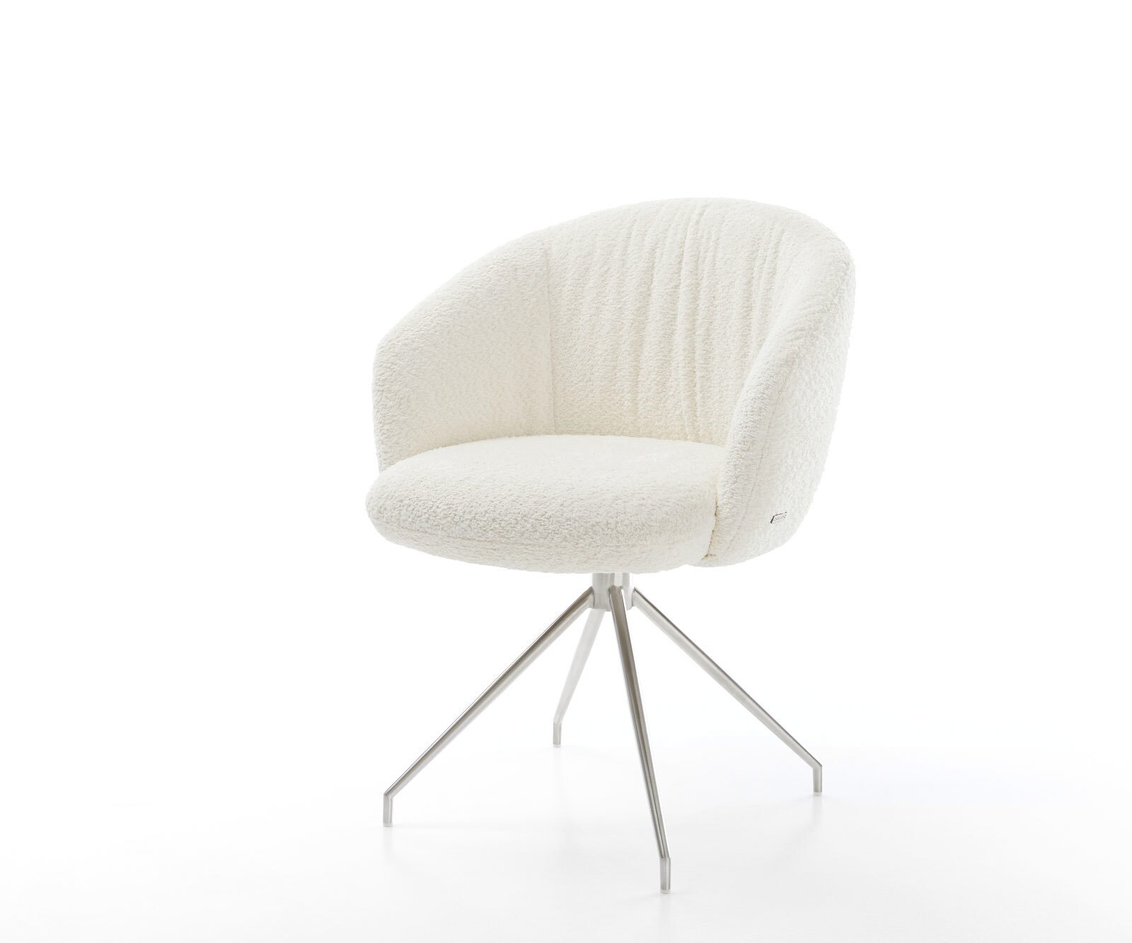 Chaise-pivotante Caja-Flex avec accoudoirs bouclé blanc pied croisé conique acier inoxydable brossé pivotement sur 180° ressorts ensachés