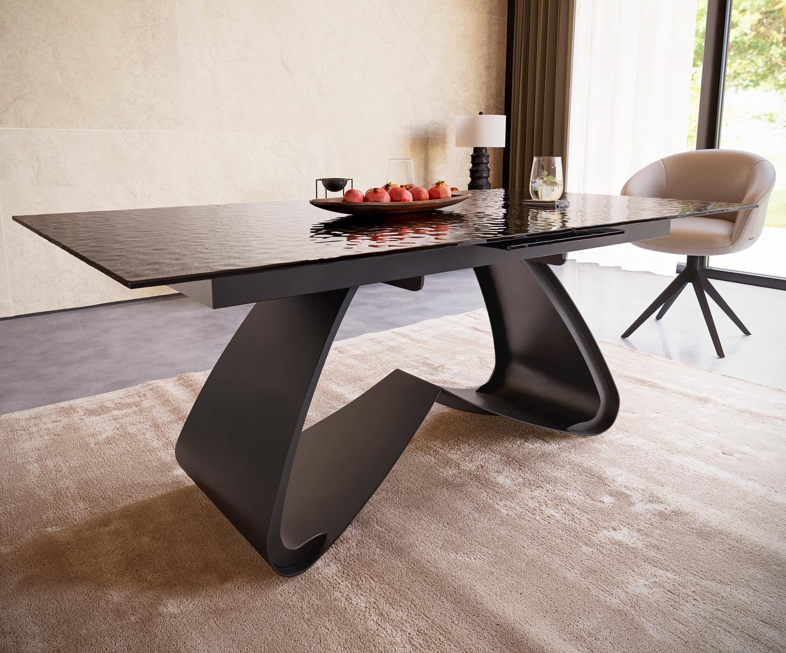 Table à manger Edge 180-220x100 verre fondu noir fumé relief en 3D cadre en W noir extensible 4 Table à manger Edge 180-220x100 verre fondu noir fumé relief en 3D cadre en W noir extensible 4