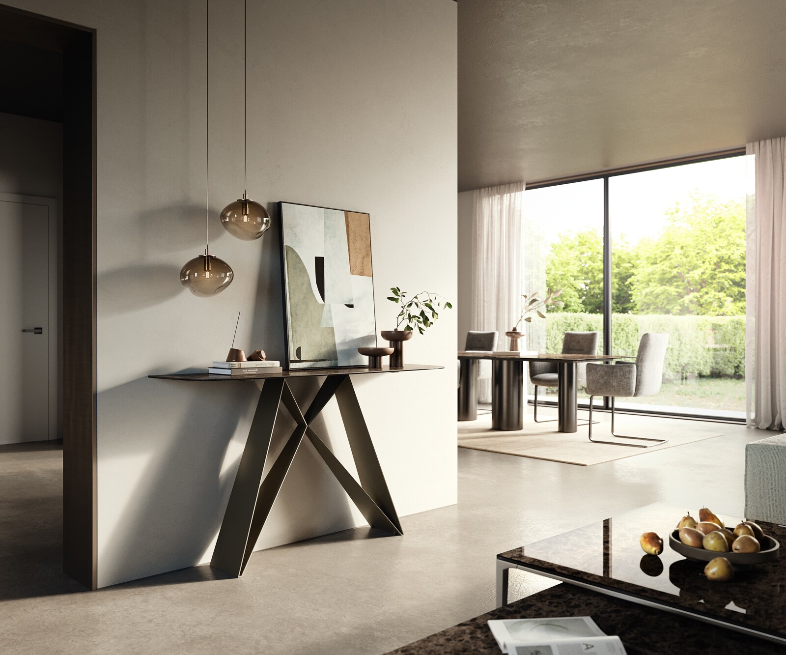 Console Edge forme bateau 140x40 cm Céramique Emperador Extra Lucidato Dunkelbraun Velio Métal Effektfinish Titan 6