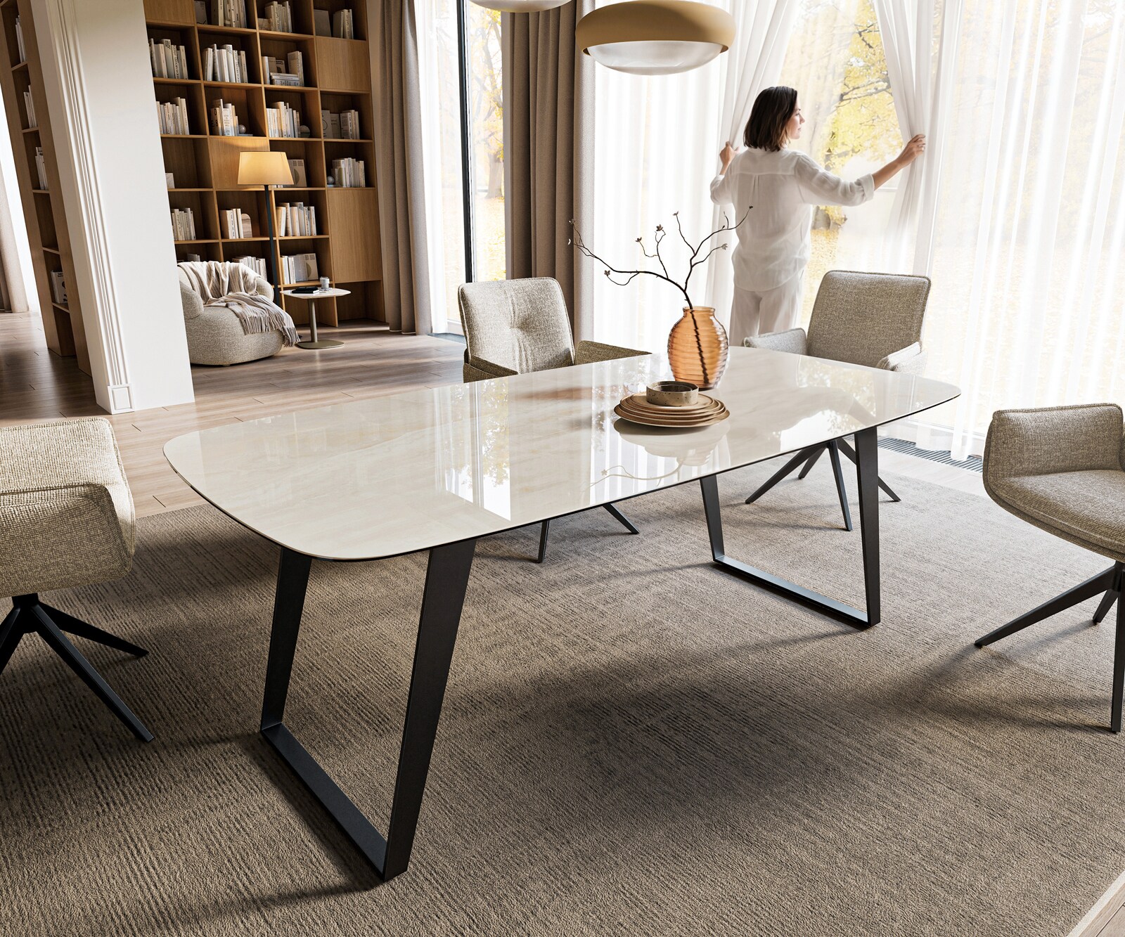 Table à manger Edge bateau 200x100 cm céramique Onyx Champagne piètement incliné métal noir 1