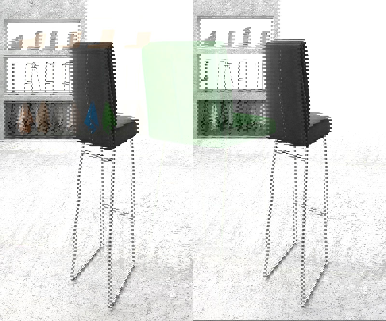 Chaise-de-bar Pela-Flex velours vert cadre de patins acier inoxydable 2