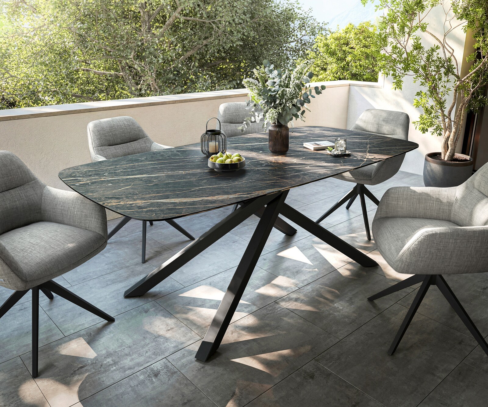 Table d’extérieur Edge Boot 200x100 cm céramique Laminam® Noir Desir brun piètement croisé rectangulaire noir