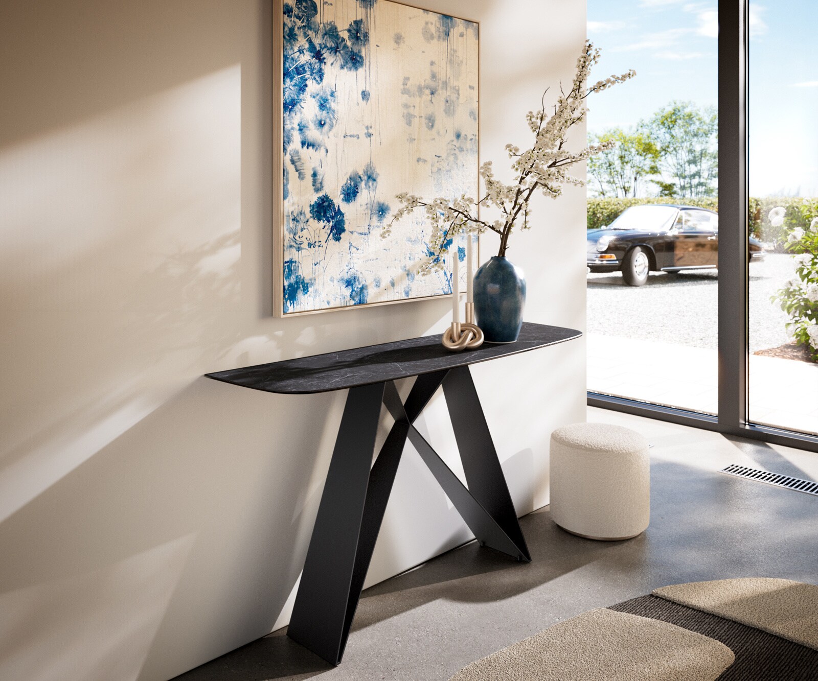 Console Edge forme bateau 140x40 cm Céramique Laminam® Nero Greco Anthrazit Velio Métal Noir
