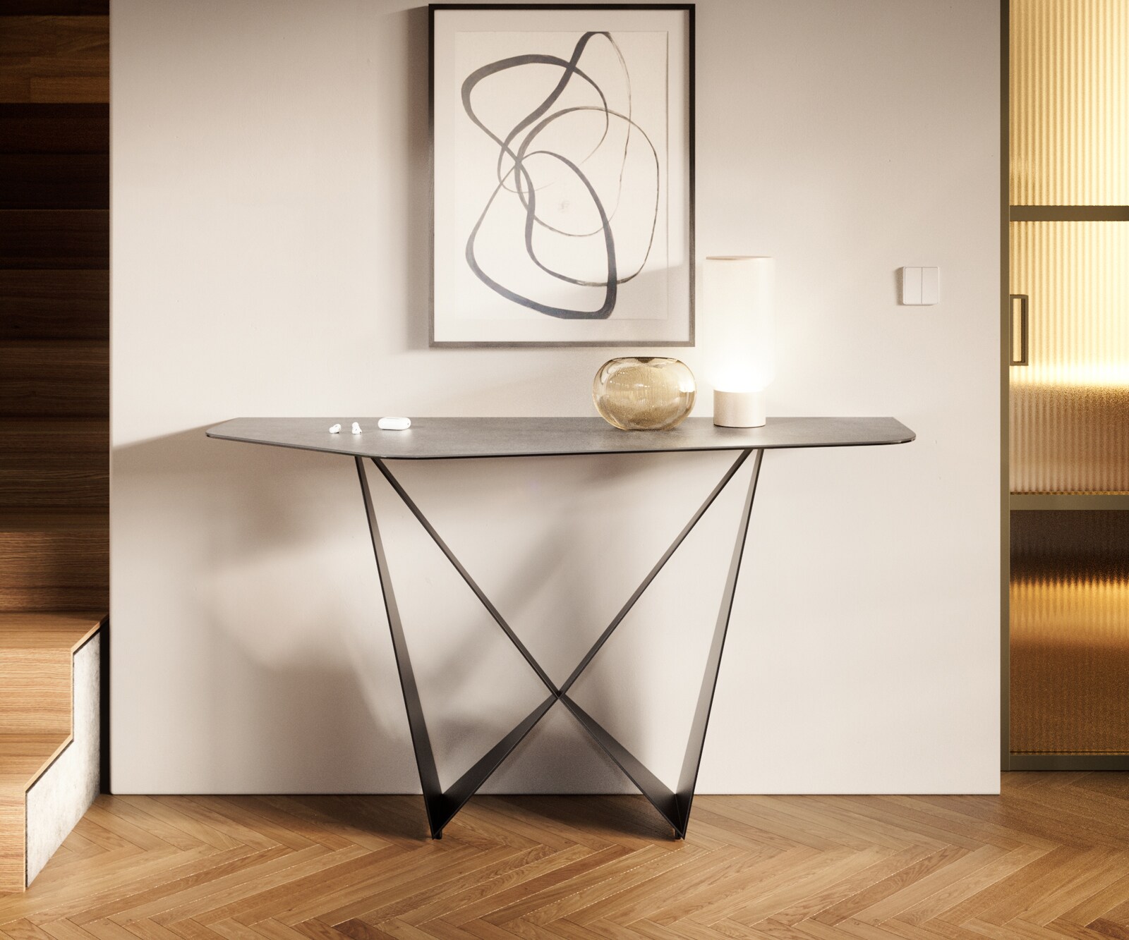 Console Edge Polygonal 140x50 cm Céramique Gris béton Livos Métal Noir 1