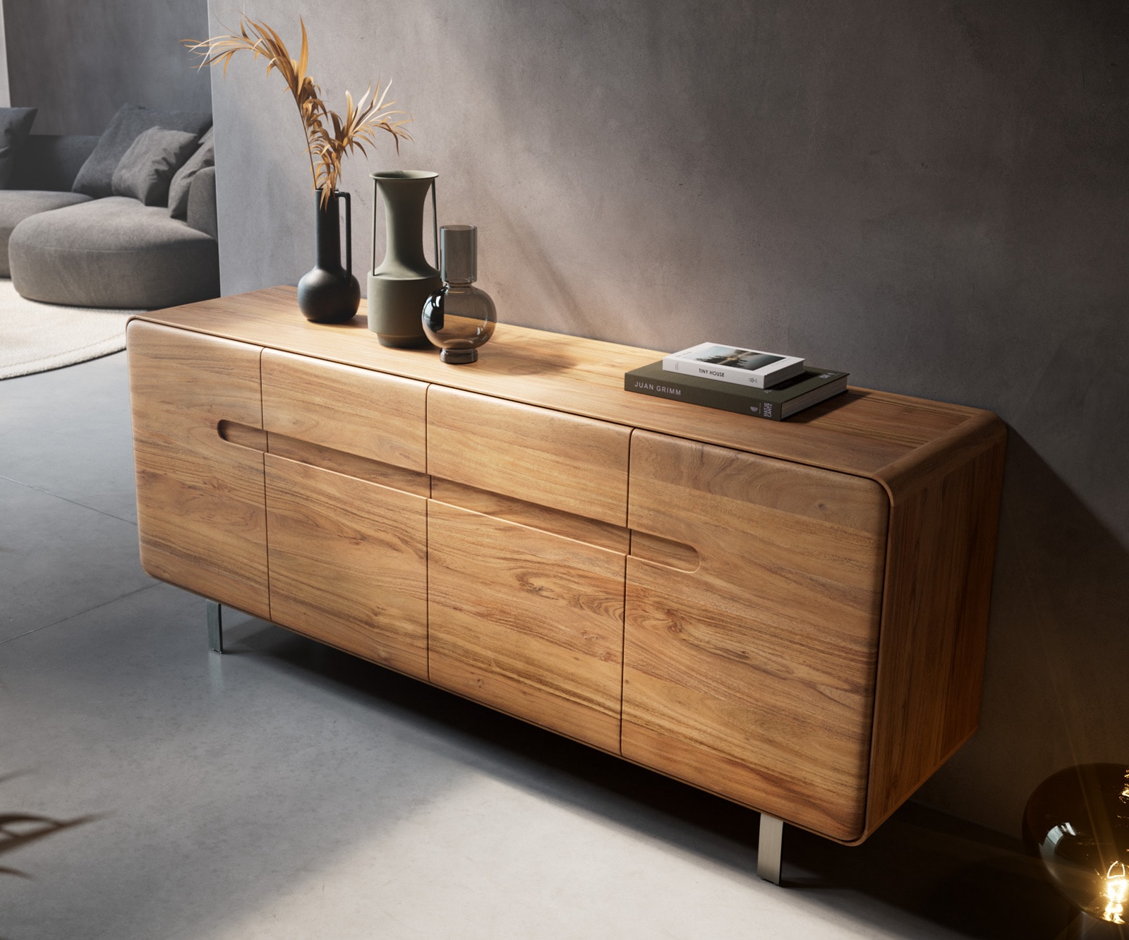 Buffet Anaya 175 cm acacia naturel 4 portes pied en L inoxydable 4