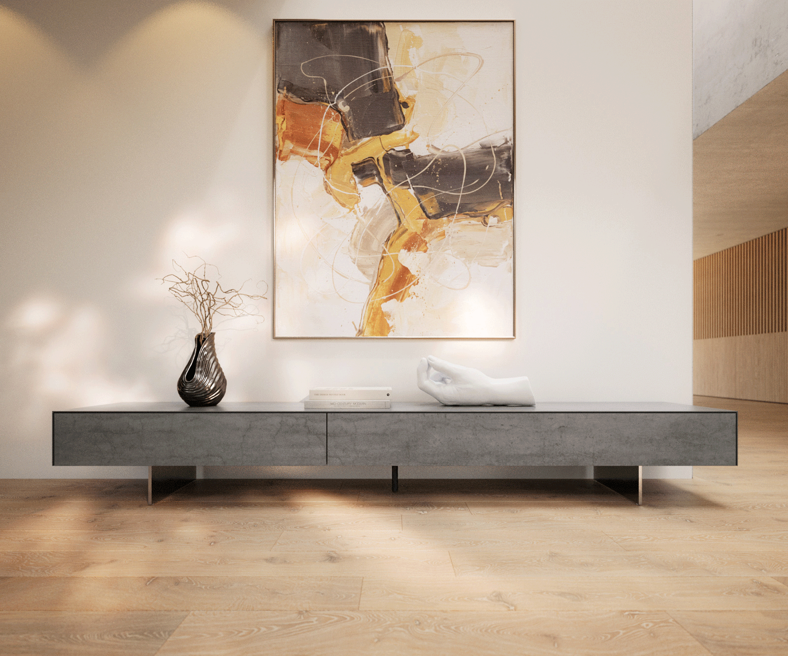 Meuble-TV Cuor 250 cm Céramique Béton gris 1 Clapet 1 Tiroir Pied optique flottant Ancier inoxydable 1