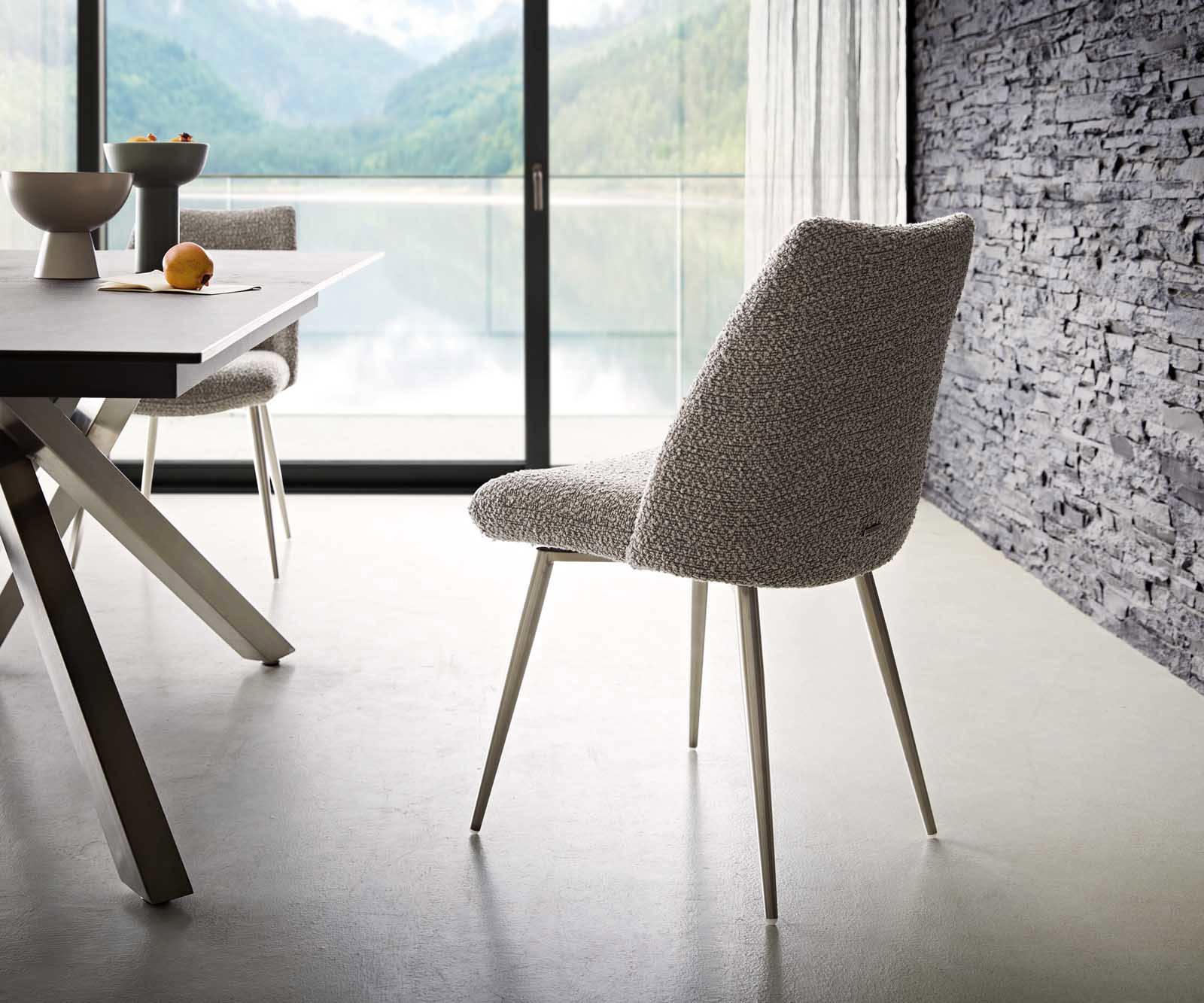 Chaise-de-salle-à-manger Elso-Flex bouclé gris argenté 4 pieds coniques acier inoxydable brossé ressorts ensachés 4 Chaise-de-salle-à-manger Elso-Flex bouclé gris argenté 4 pieds coniques acier inoxydable brossé ressorts ensachés 4