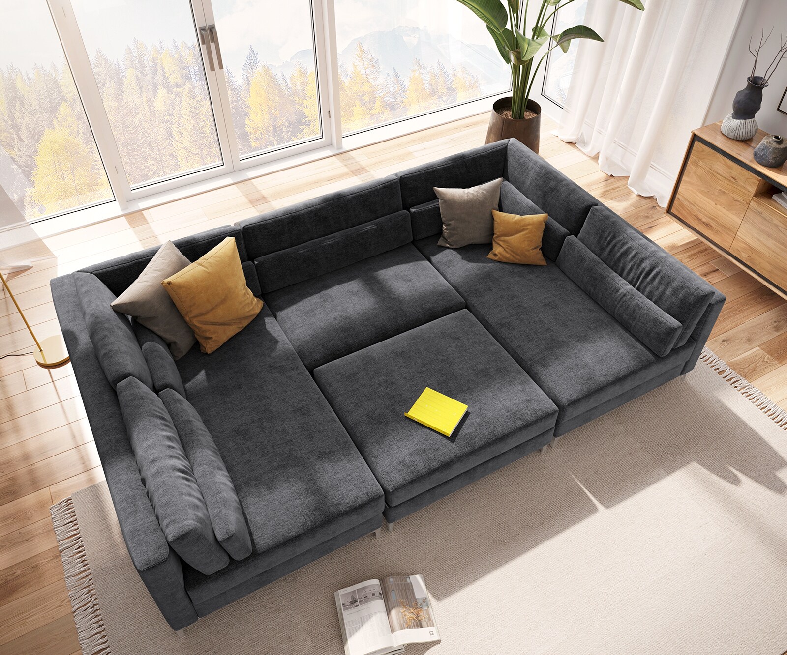 Canapé-panoramique Elio 300x185 cm microfibre graphite avec pouf 5