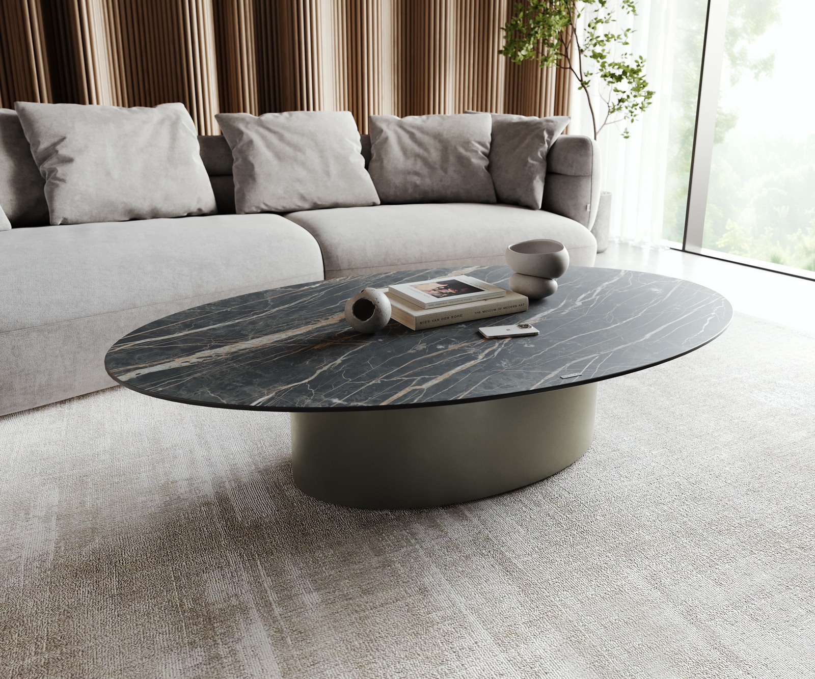 Table-basse Casilda 150x90 cm Céramique Laminam®Noir Desir Marron Pied central Finition à effet titane 1