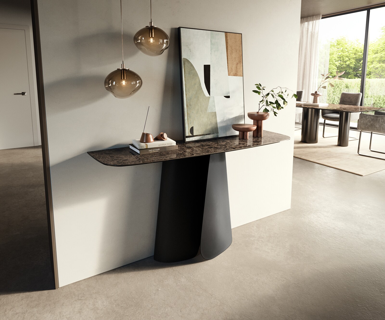 Console Edge forme bateau 140x40 cm Céramique Emperador Extra Lucidato Dunkelbraun Livos Métal Noir 3