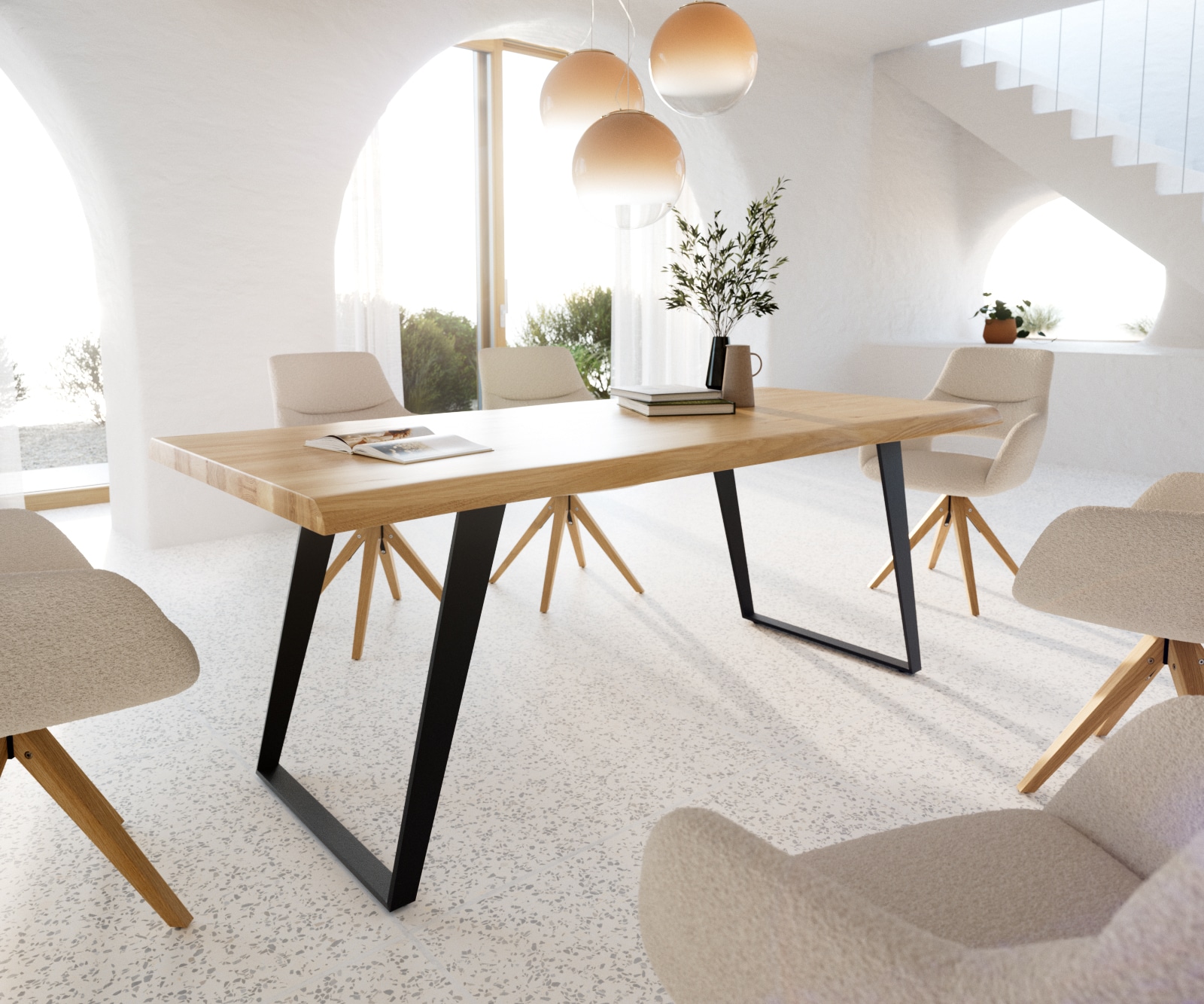 Table à manger Edge 200x100 chêne nature métal inclinée noir Live-Edge Table à manger Edge 200x100 chêne nature métal inclinée noir Live-Edge