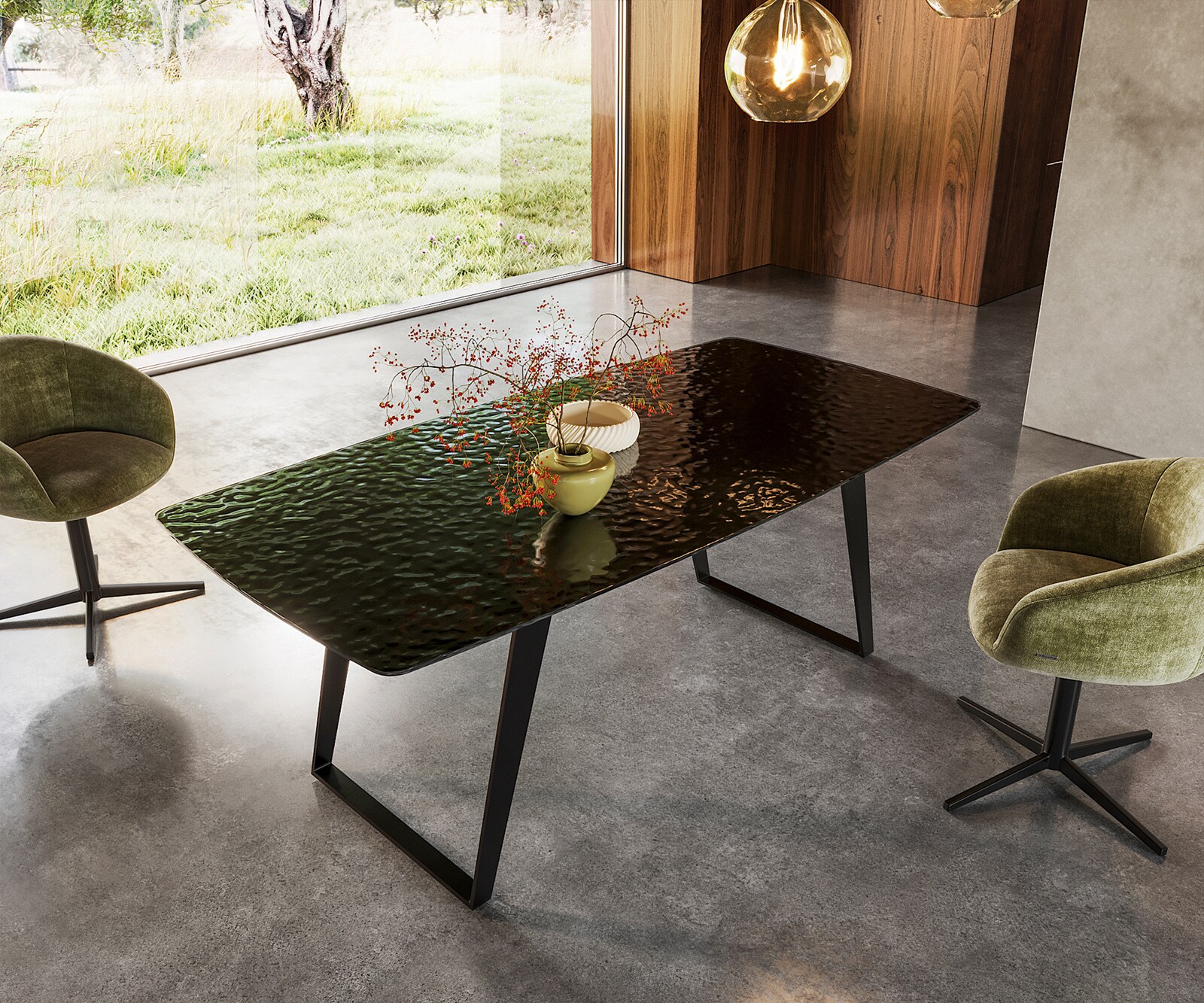Table à manger Edge Boot 200x100 verre en relief noir 3D-Design métal incliné noir 1