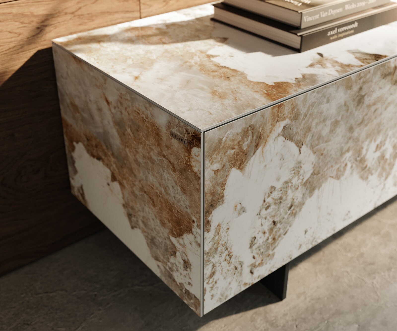 Meuble-TV Cuor 220 cm Céramique Minas Melange Blanc-beige 1 Clapet 2 Tiroirs Pied optique flottant Métal Noir 6