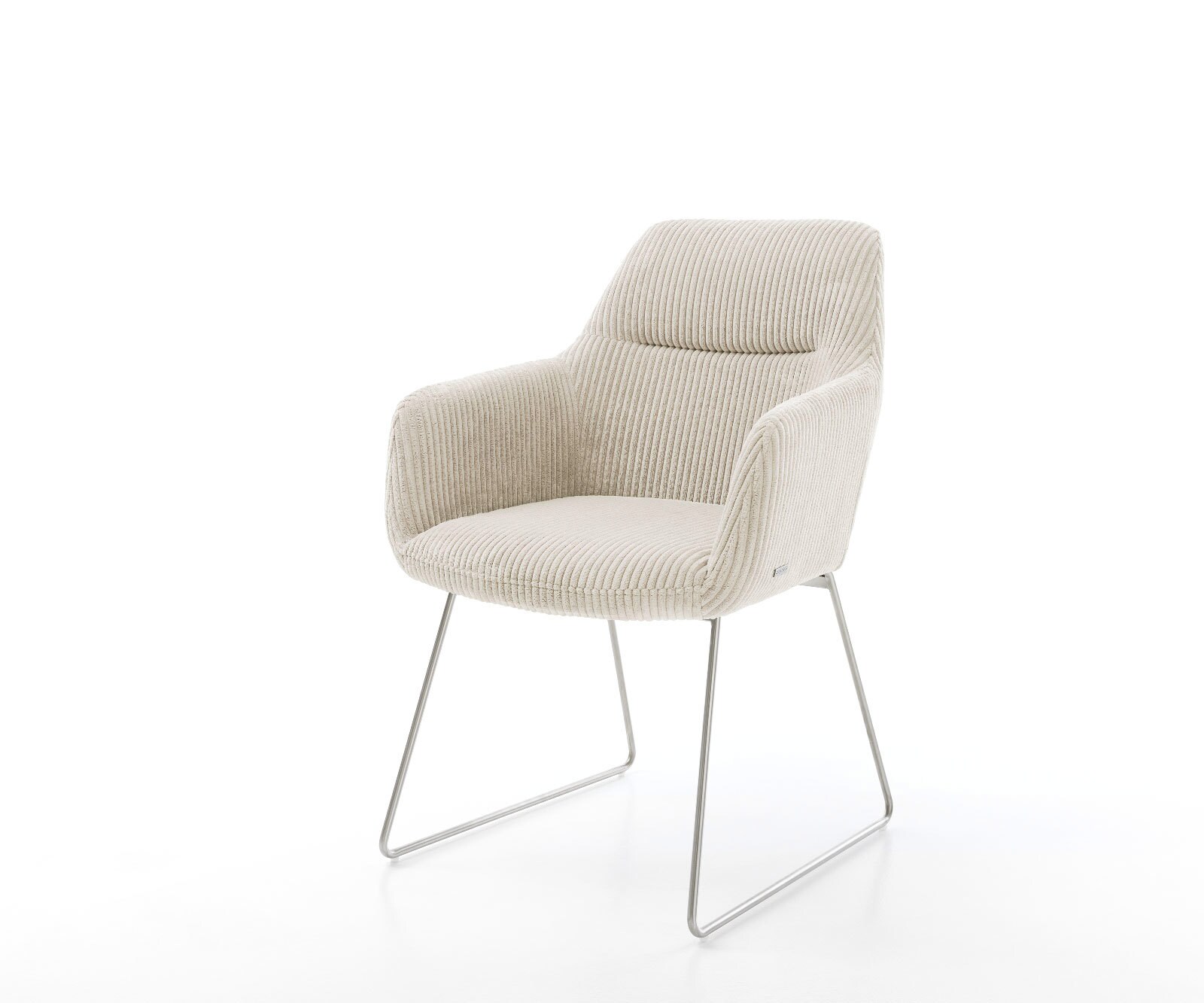 Chaise-de-salle-à-manger Pejo-Flex côtelé beige vintage pied trapèze acier inoxydable brossé ressorts ensachés