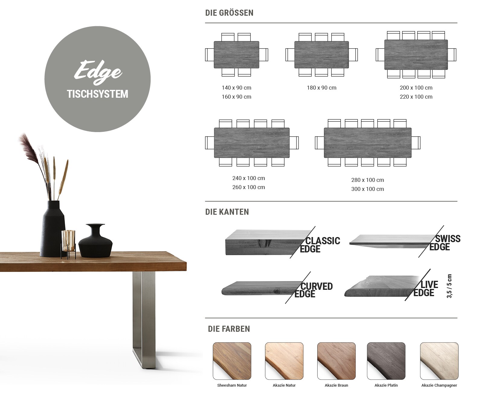 Table-à-manger Edge 200x100 acacia nature acier inoxydable mince bord suisse 6