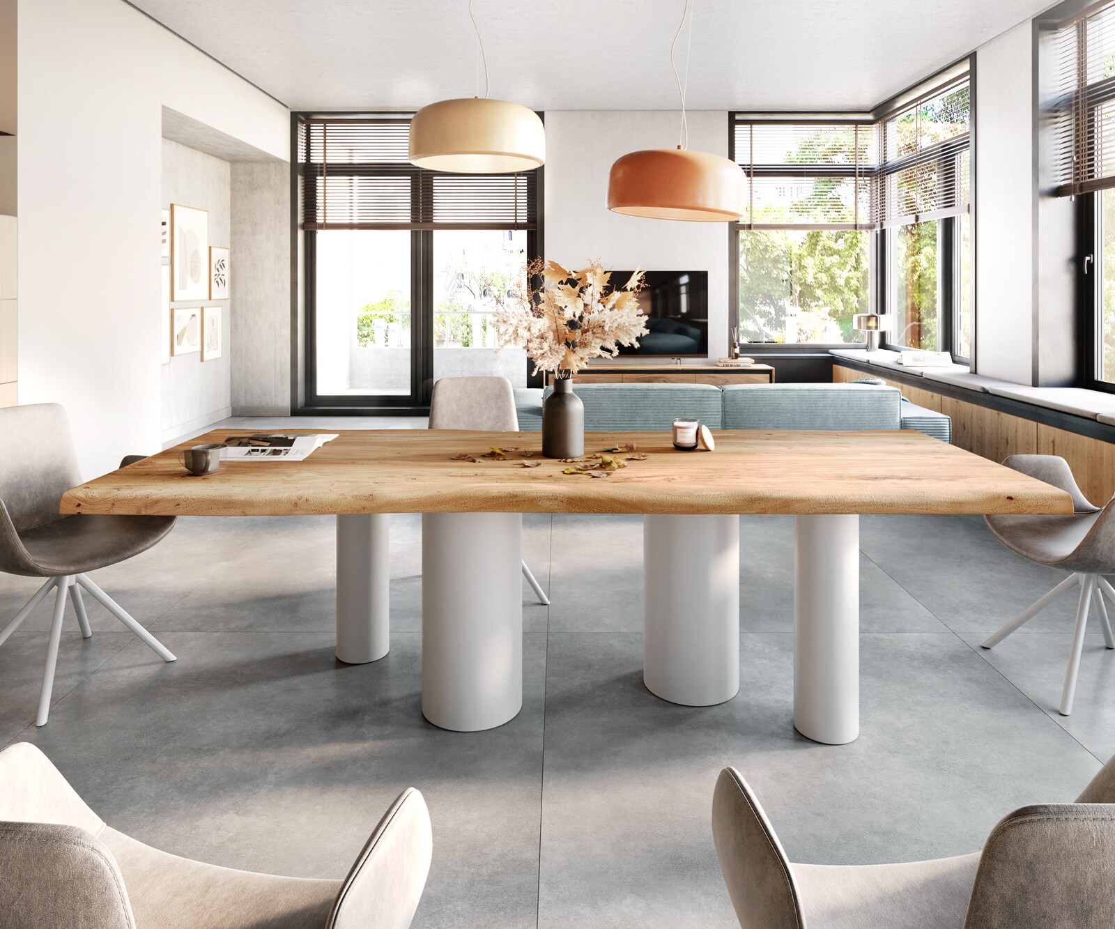 Table à manger Edge 280x100 XL Acacia Nature Pilier Métal Blanc Live-Edge 1