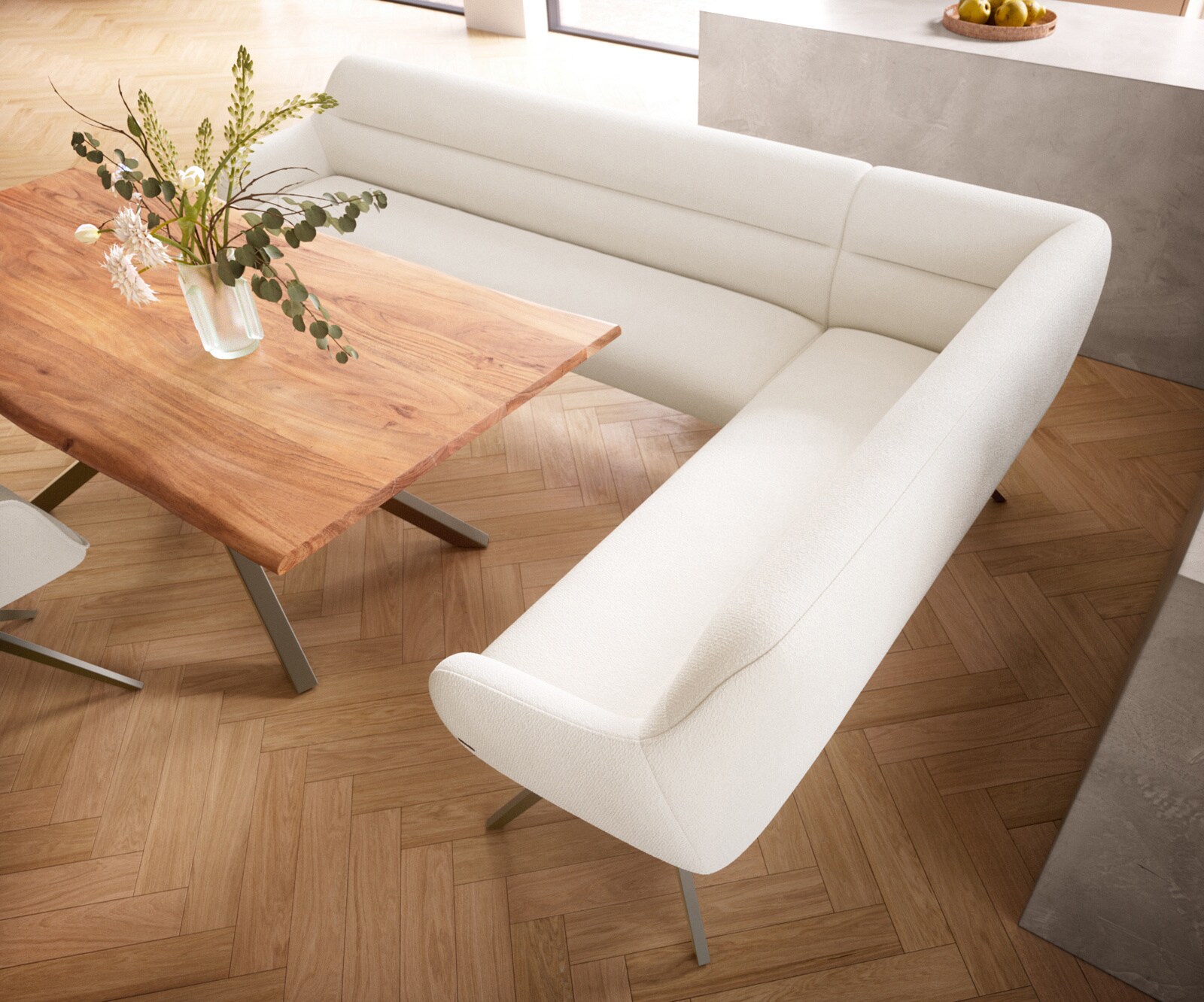 Banc-de-salle-à-manger Taya-Flex 285x190 cm bouclé crème-blanc pied croisé angulaire titane ressort ensaché liens 4