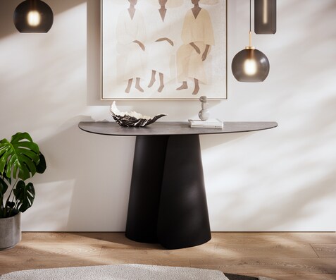 Table console Edge Oval 140x40 cm Céramique Béton Gris Livos Métal Noir