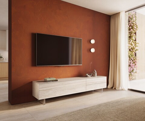 Meuble-TV Cuor 220 cm Céramique Laminam® Travertino Bianco Crème-blanc 1 Clapet 2 Tiroirs Pied optique flottant Verre acrylique