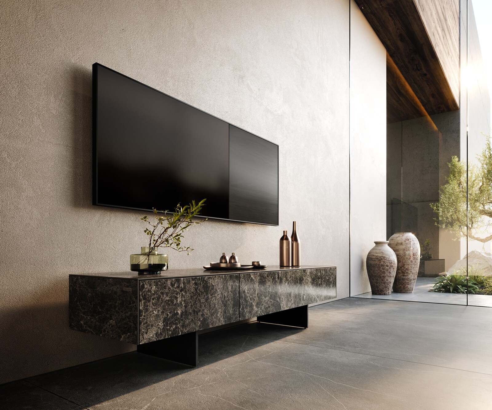 Meuble-TV Cuor 150 cm Céramique Laminam® Emperador Extra Lucidato brun foncé 1 Clapet 1 Tiroir Pied optique flottant Métal Noir