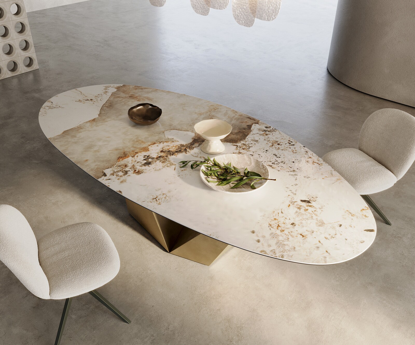 Table à manger Edge ovalee 280x130 céramique Minas mélange blanc-beige Prisma métallique doré 1