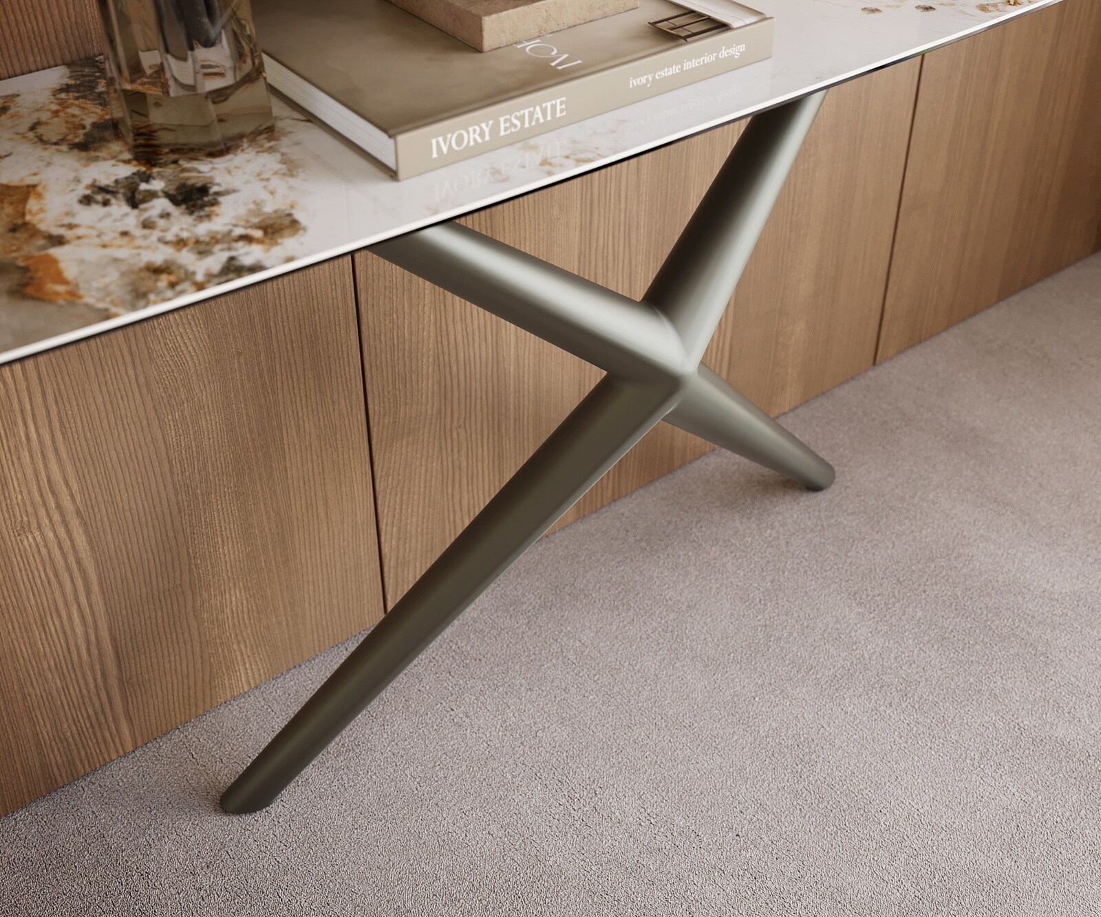 Console Edge forme bateau 180x40 cm Céramique Minas Melange Weiß-Beige Estelo Métal Effektfinish Titan 6