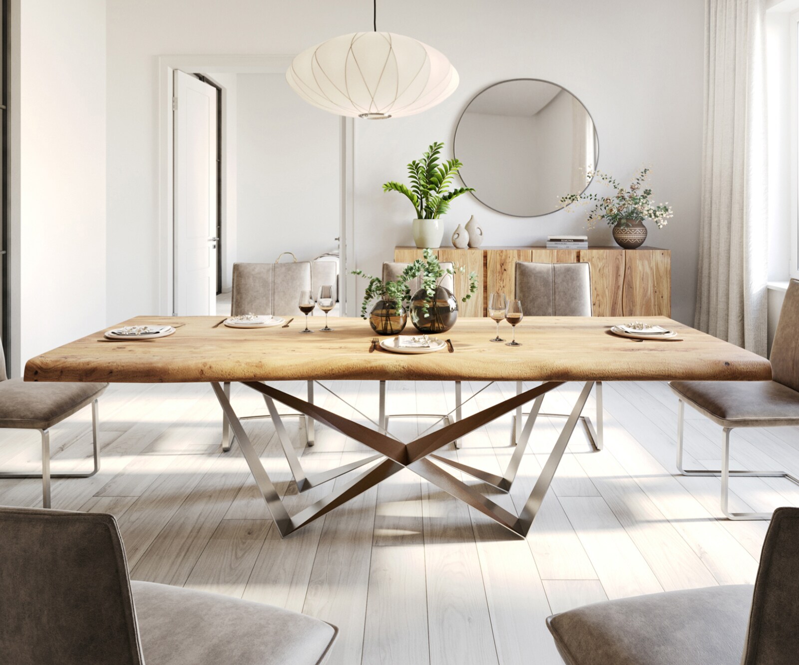 Table à manger Edge 280x100 XL acacia nature Spider acier plat acier inoxydable Live-Edge 2