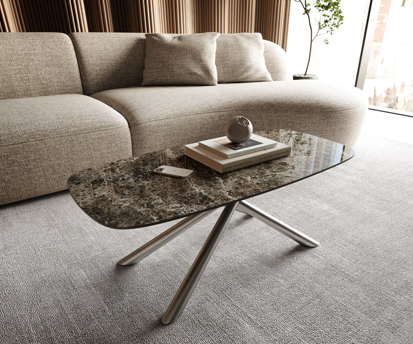Table basse Edge bateau 100x50 cm céramique Emperador Extra Lucidato brun foncé Sarity acier inoxydable brossé