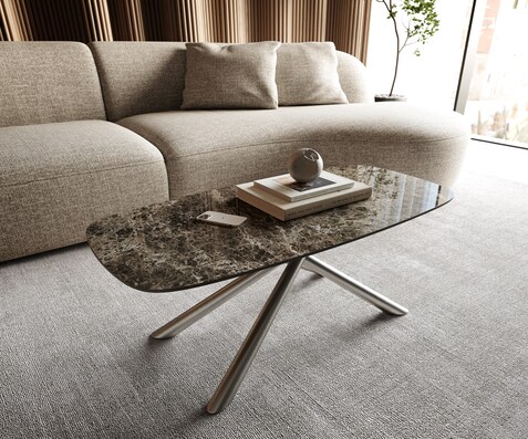 Table basse Edge bateau 100x50 cm céramique Emperador Extra Lucidato brun foncé Sarity acier inoxydable brossé