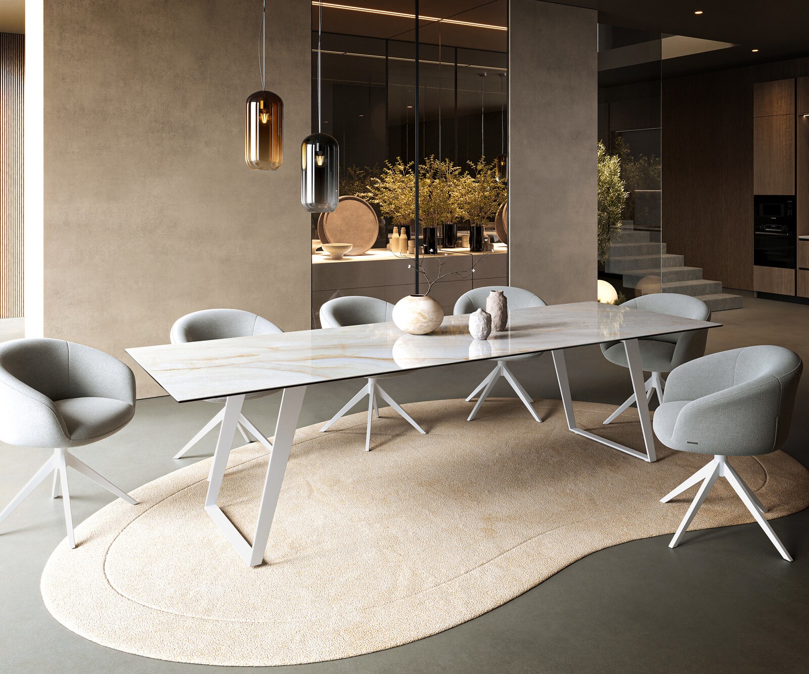 Table à manger Edge 300x100 cm céramique Onyx Pearl piètement incliné métal blanc 7